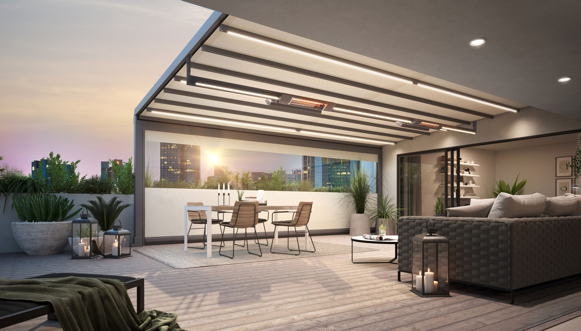 Markilux Pergola Stretch Vertikalmarkise Penthouse Referenz mit Panoramafenster